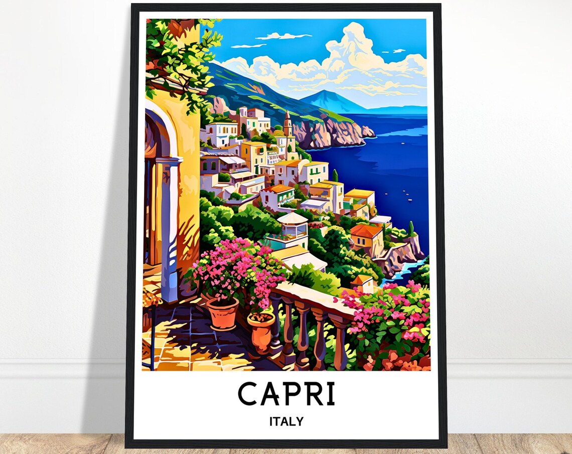 Capri Italy Cliffside Village Balcony View Mediterranean Travel Poster