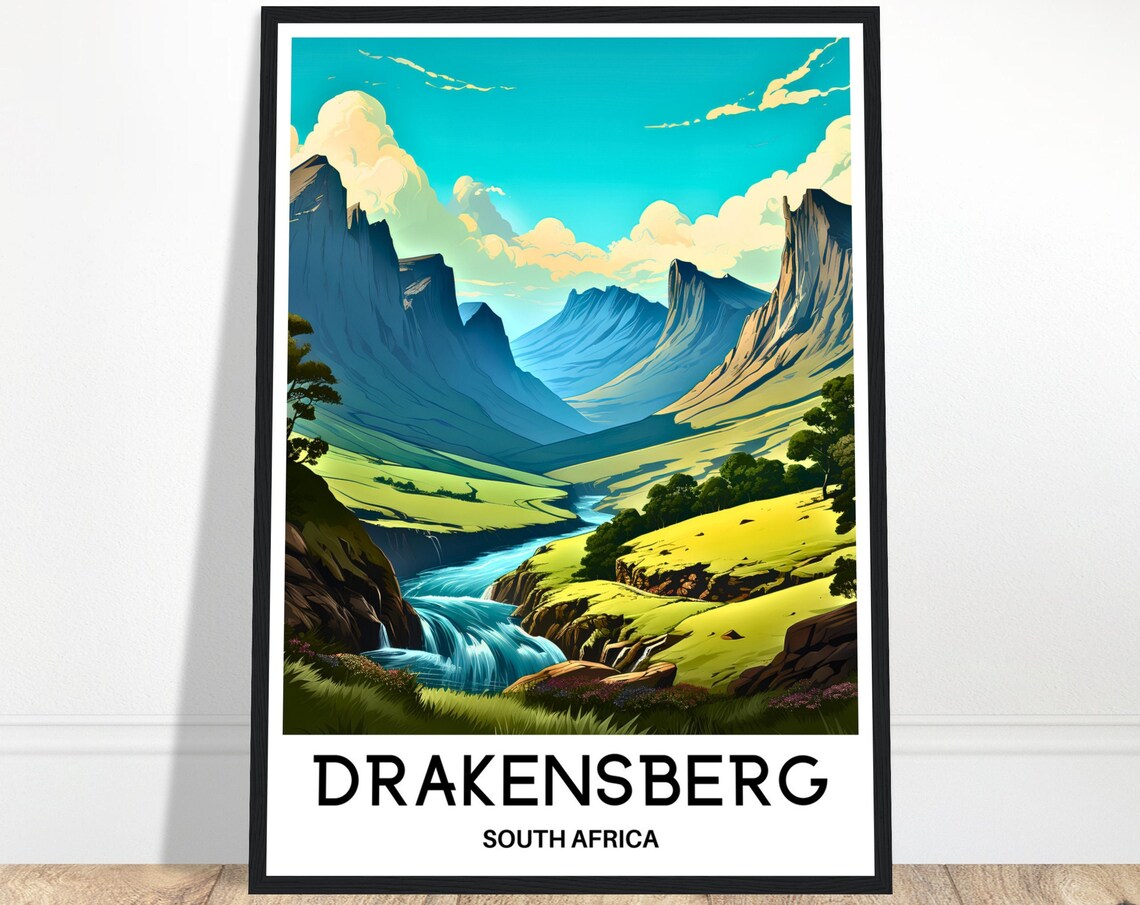 Drakensberg South Africa Mountain Valley Waterfall Travel Poster