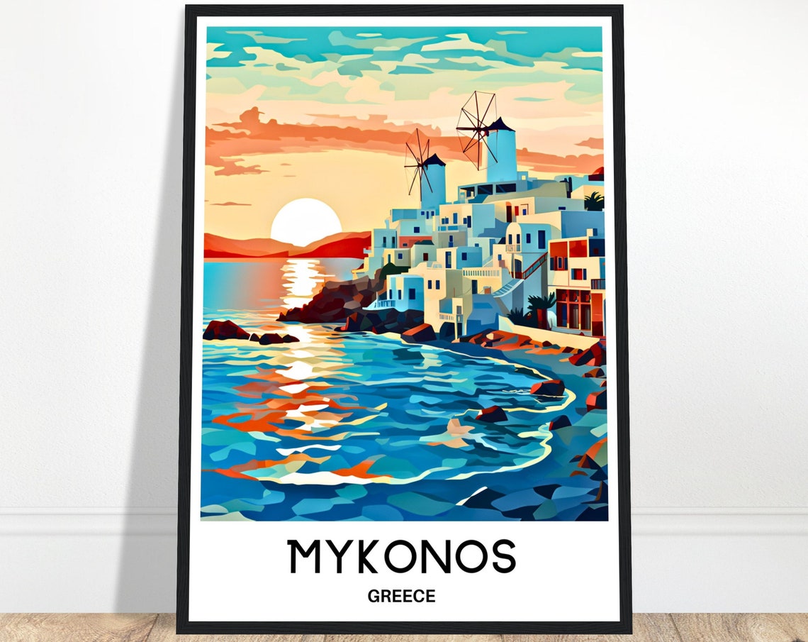 Mykonos Greece Whitewashed Windmills at Sunset Travel Poster