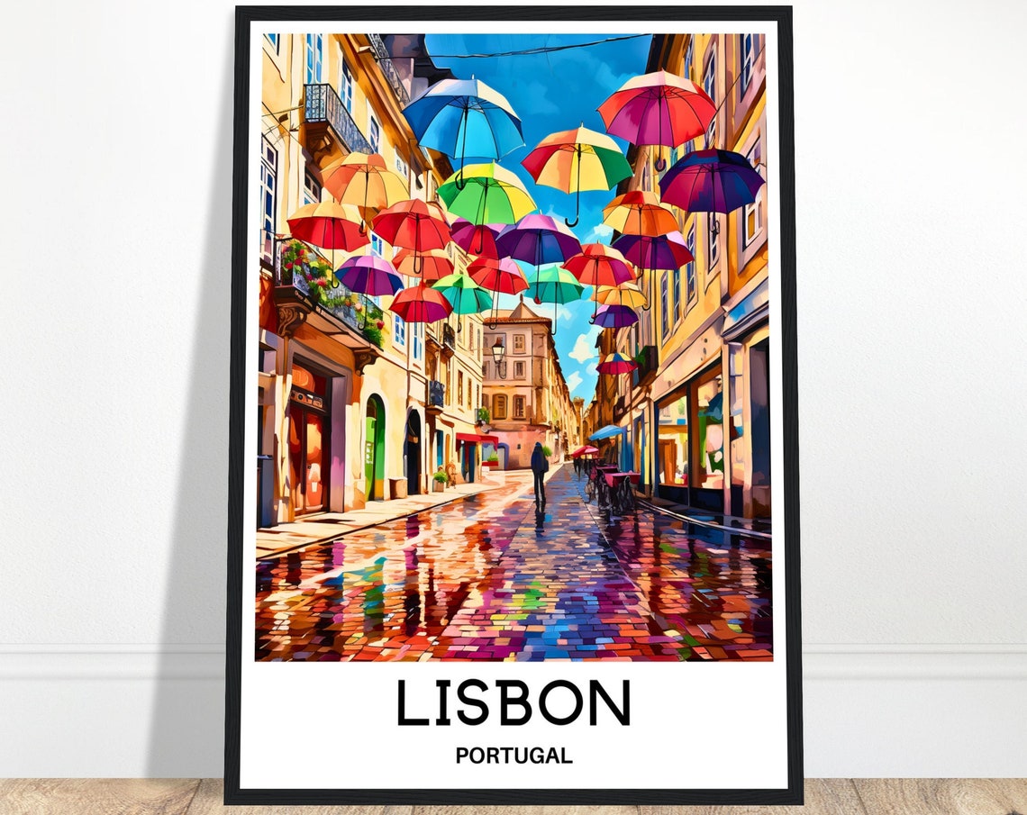 Lisbon Travel Print Lisbon Umbrella Street Poster Portuguese Art Print Portugal Lover Gift Wall Hanging Home Decor Lisbon Illustration