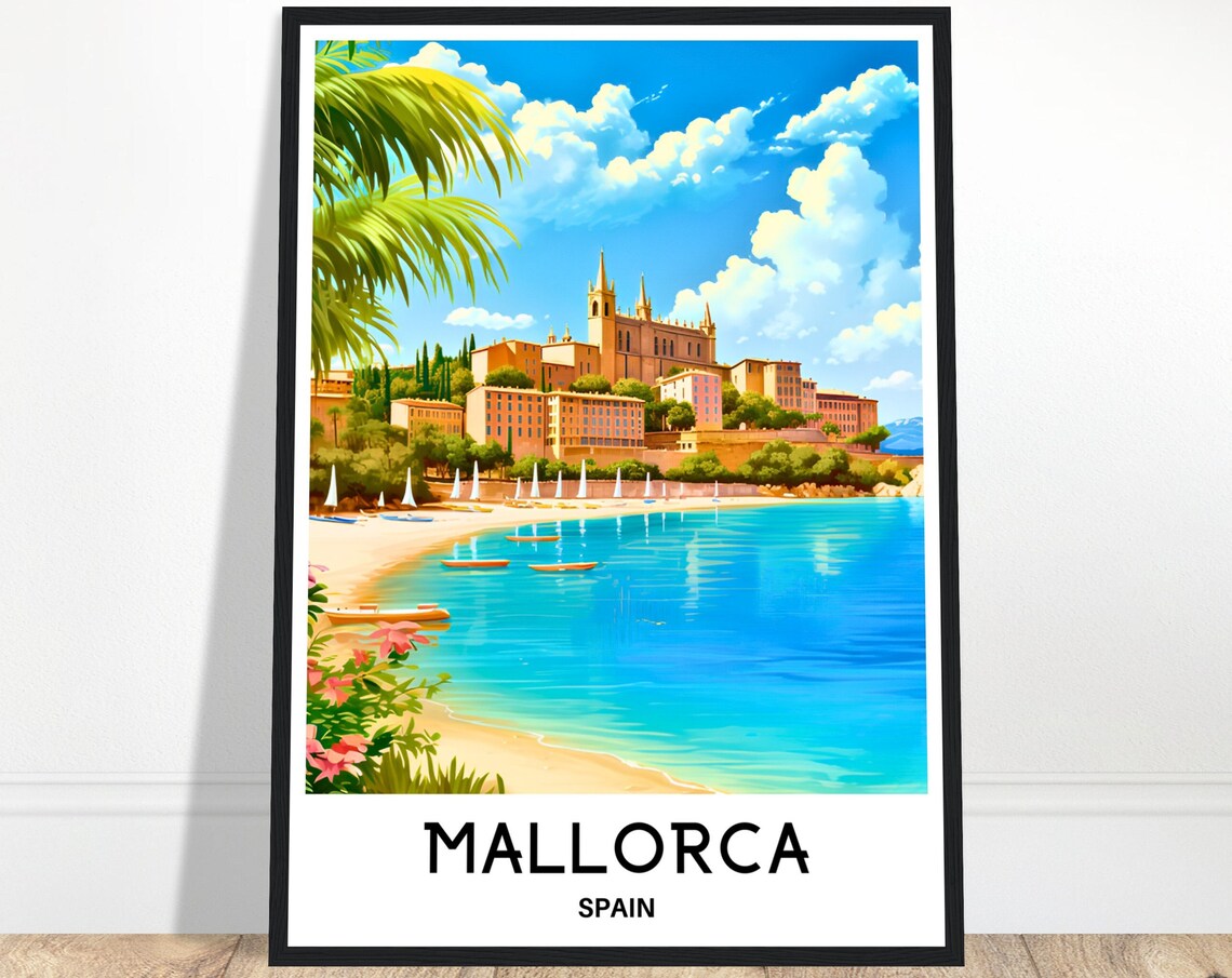 Mallorca Spain Palma Cathedral and Beach Waterfront Travel Art Poster