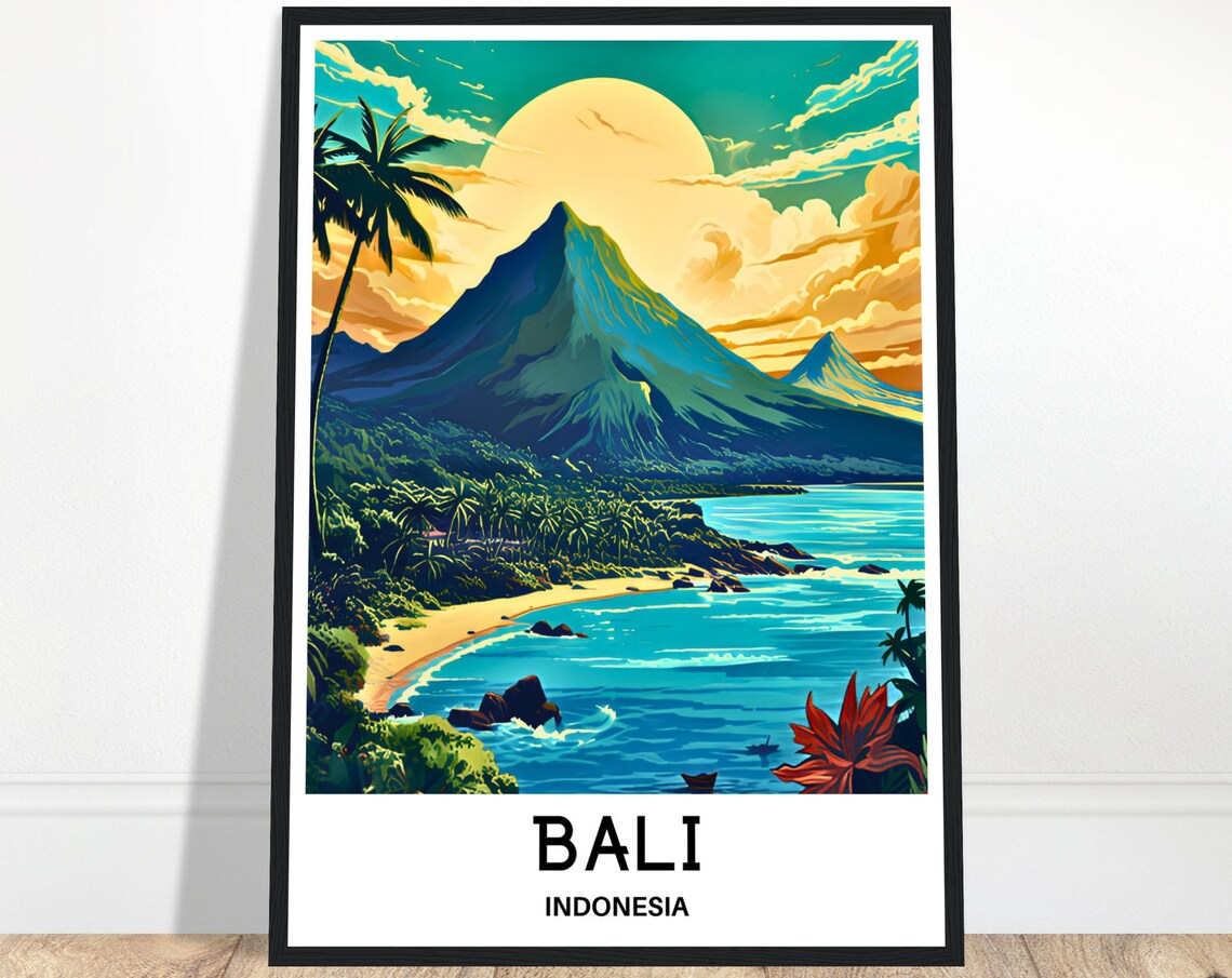Bali Indonesia Volcano Sunset Beach Tropical Island Travel Art Poster