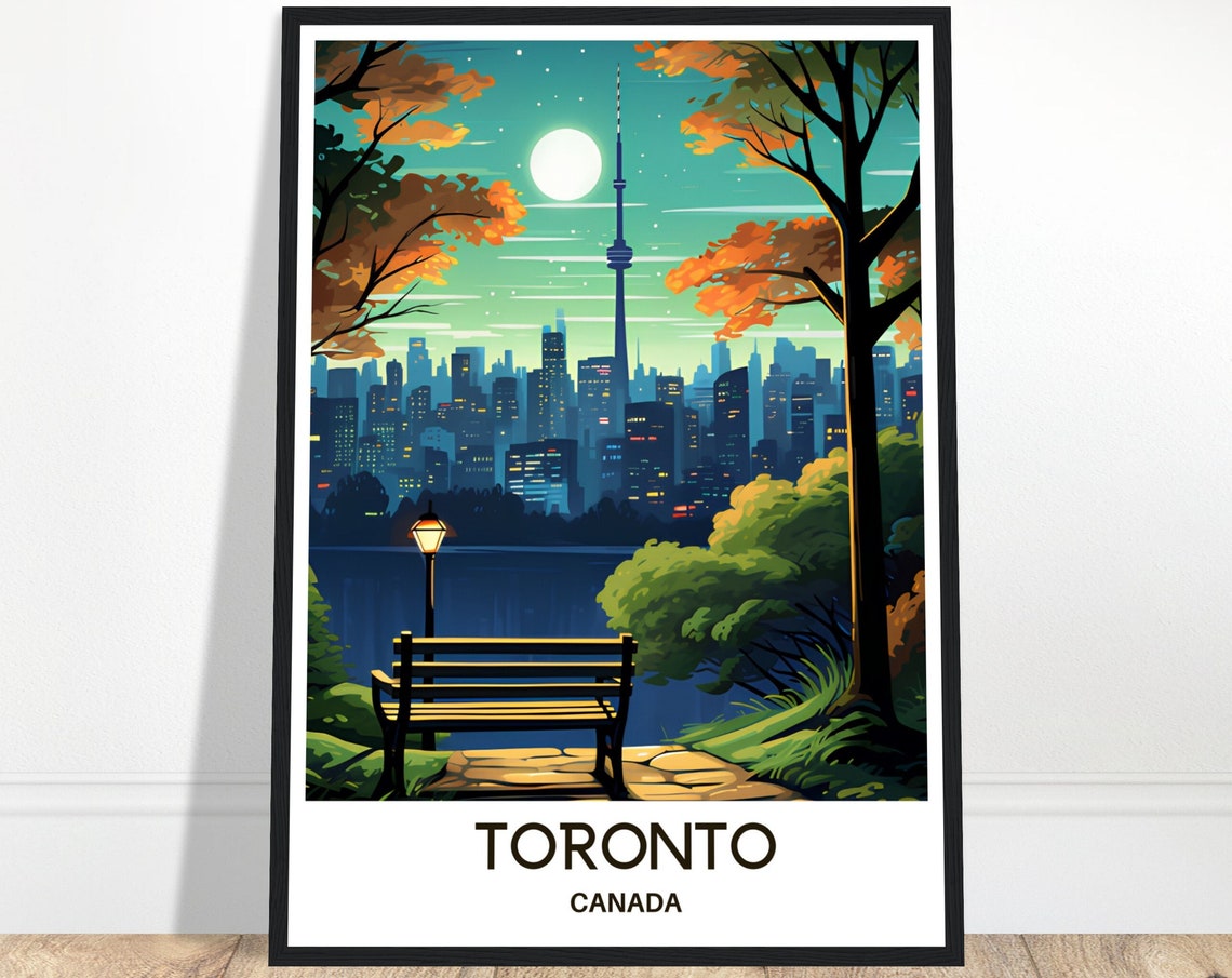 Beautiful Retro Toronto Night Skyline CN Tower Moonlit Poster