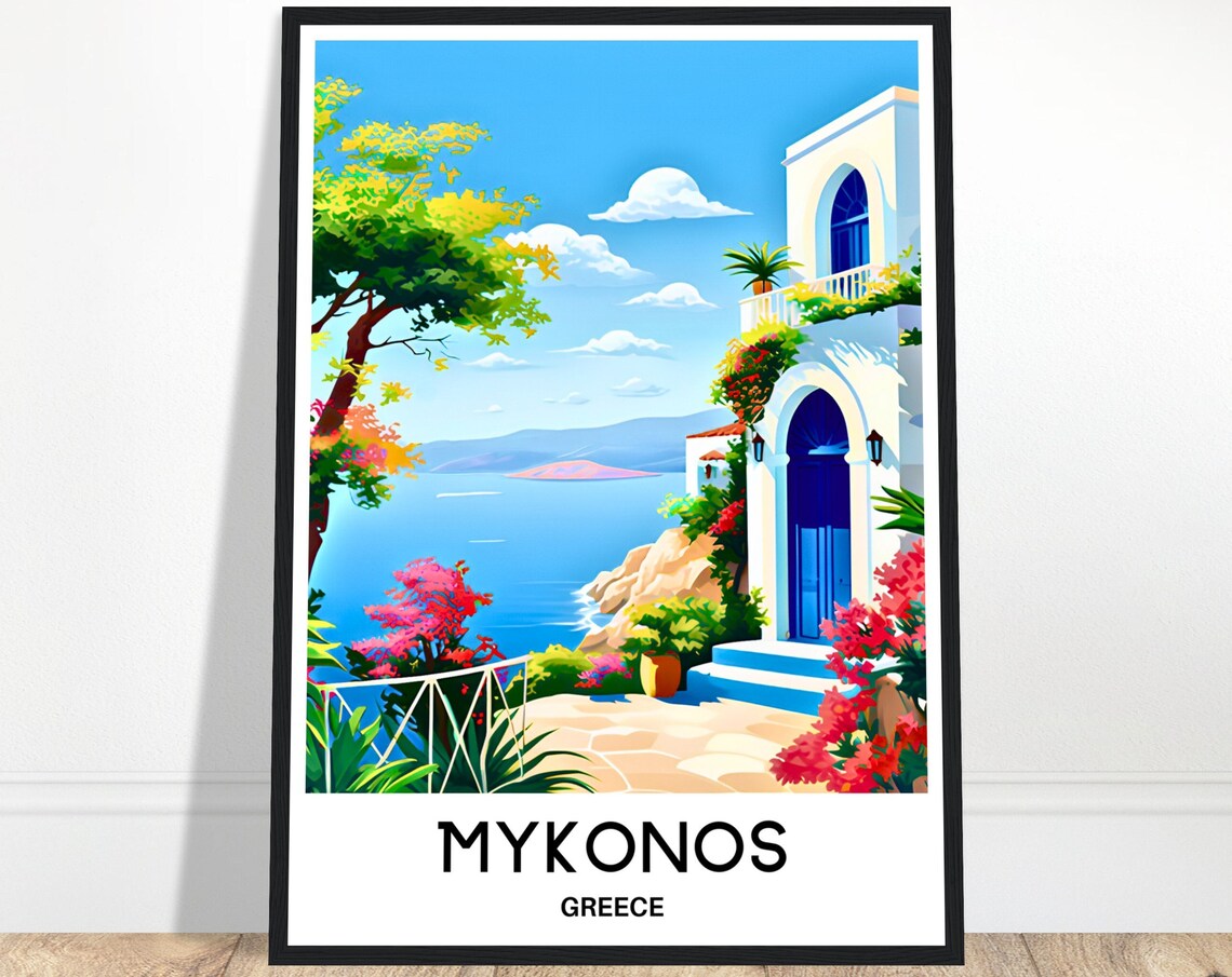 Mykonos Greece White Villa Blue Door Overlooking the Sea Poster