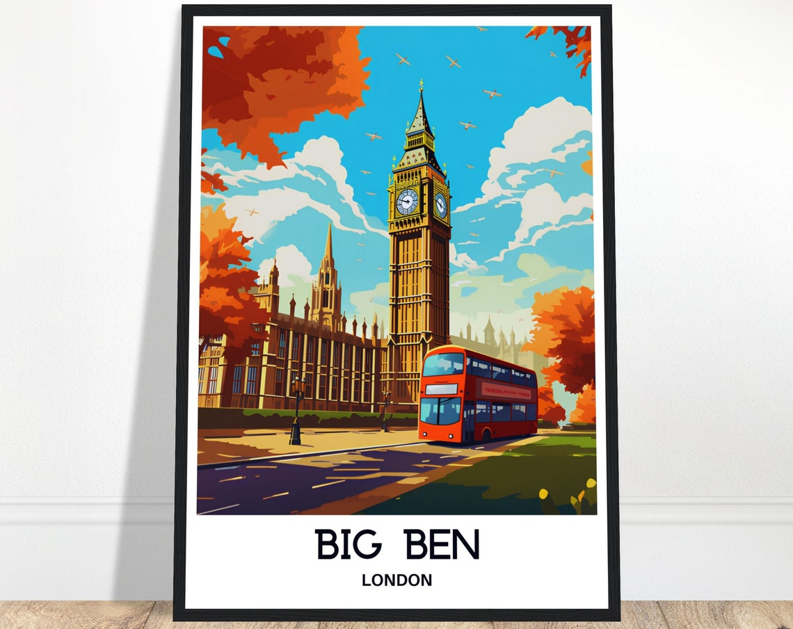 London Big Ben Red Double Decker Bus Autumn Street Travel Poster