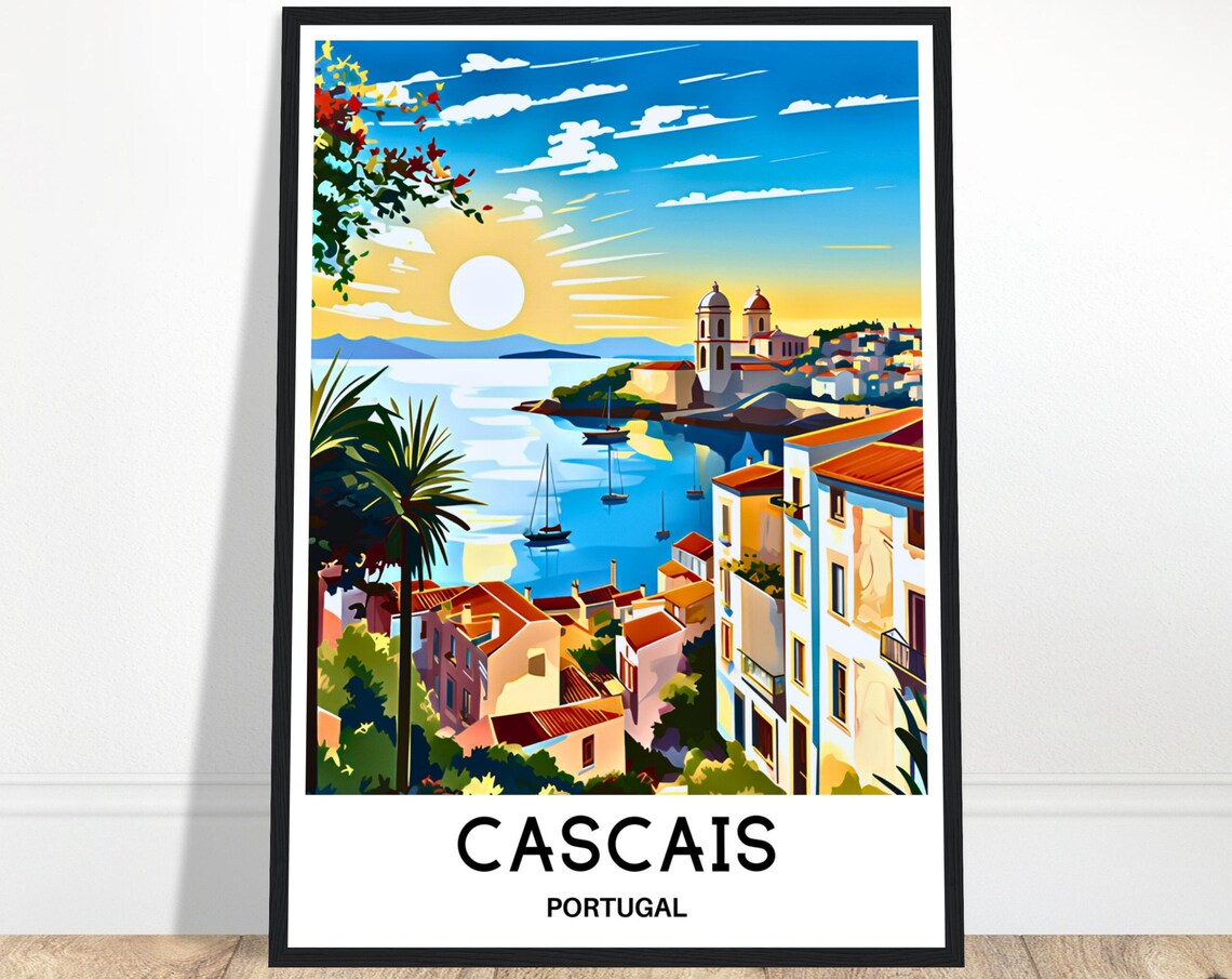 Cascais Portugal Harbor Golden Sunset Seaside Town Travel Poster