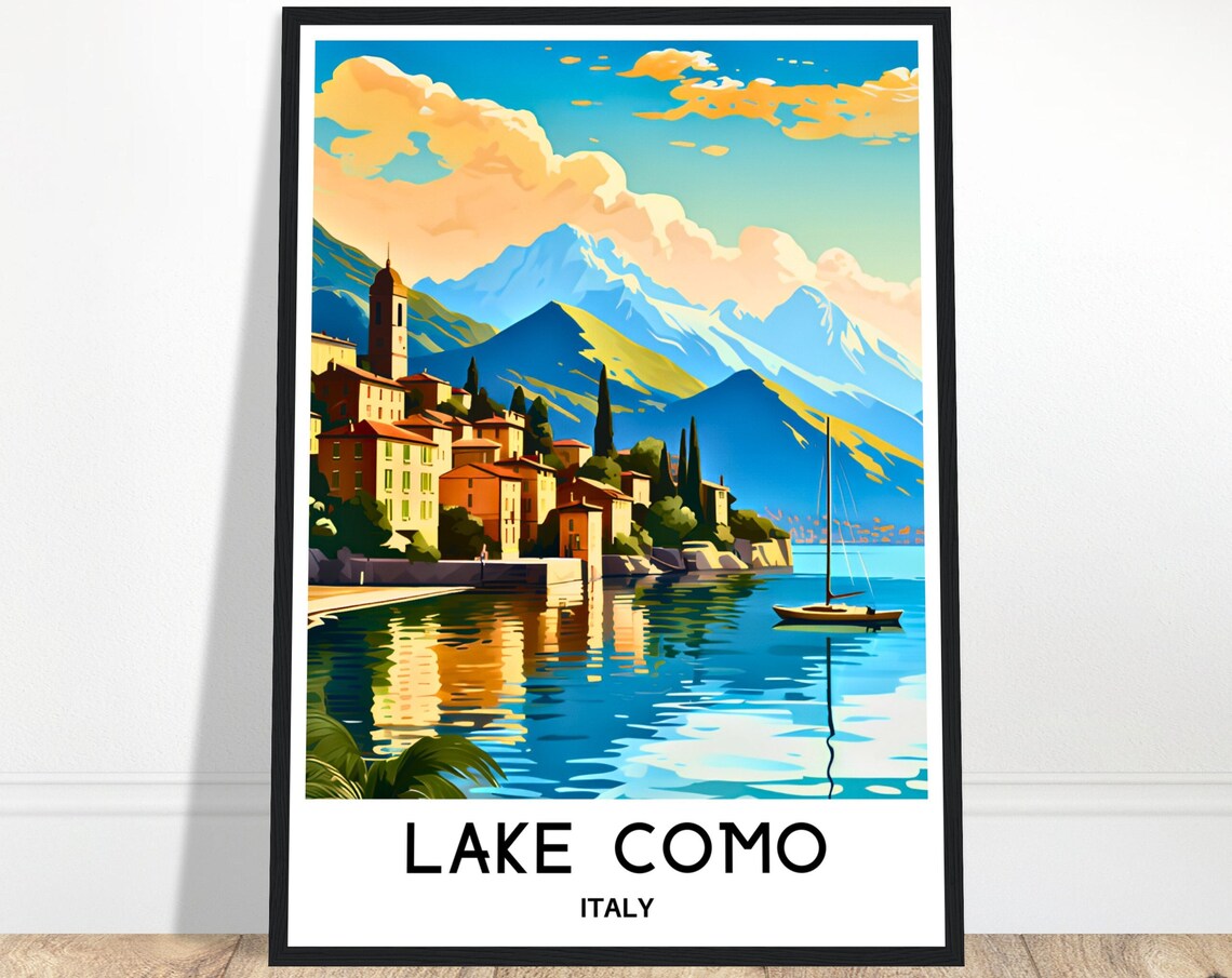 Lake Como Italy Lakeside Village Mountain Reflection Travel Poster