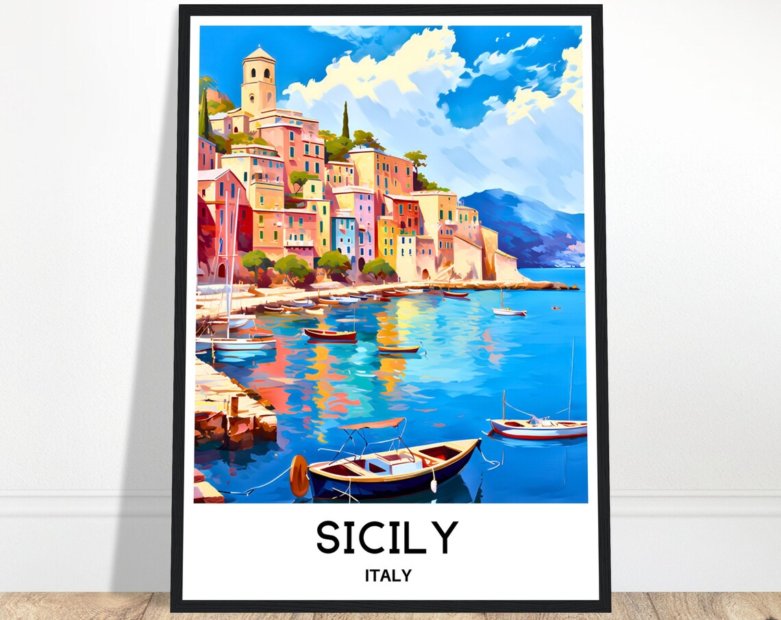 Sicily Italy Colorful Coastal Harbor Town Fishing Boats Travel Poster