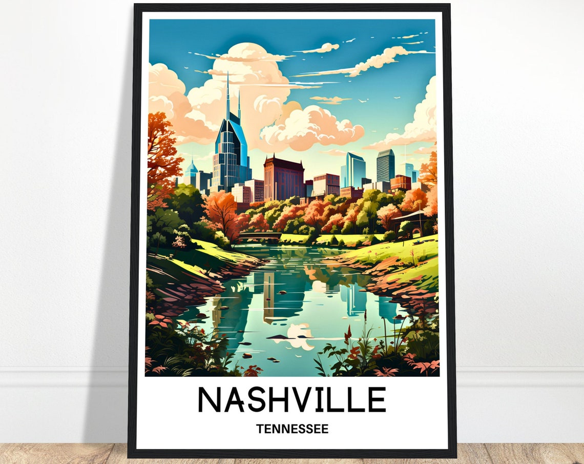 Nashville Tennessee River Skyline Vintage Travel Poster Decor