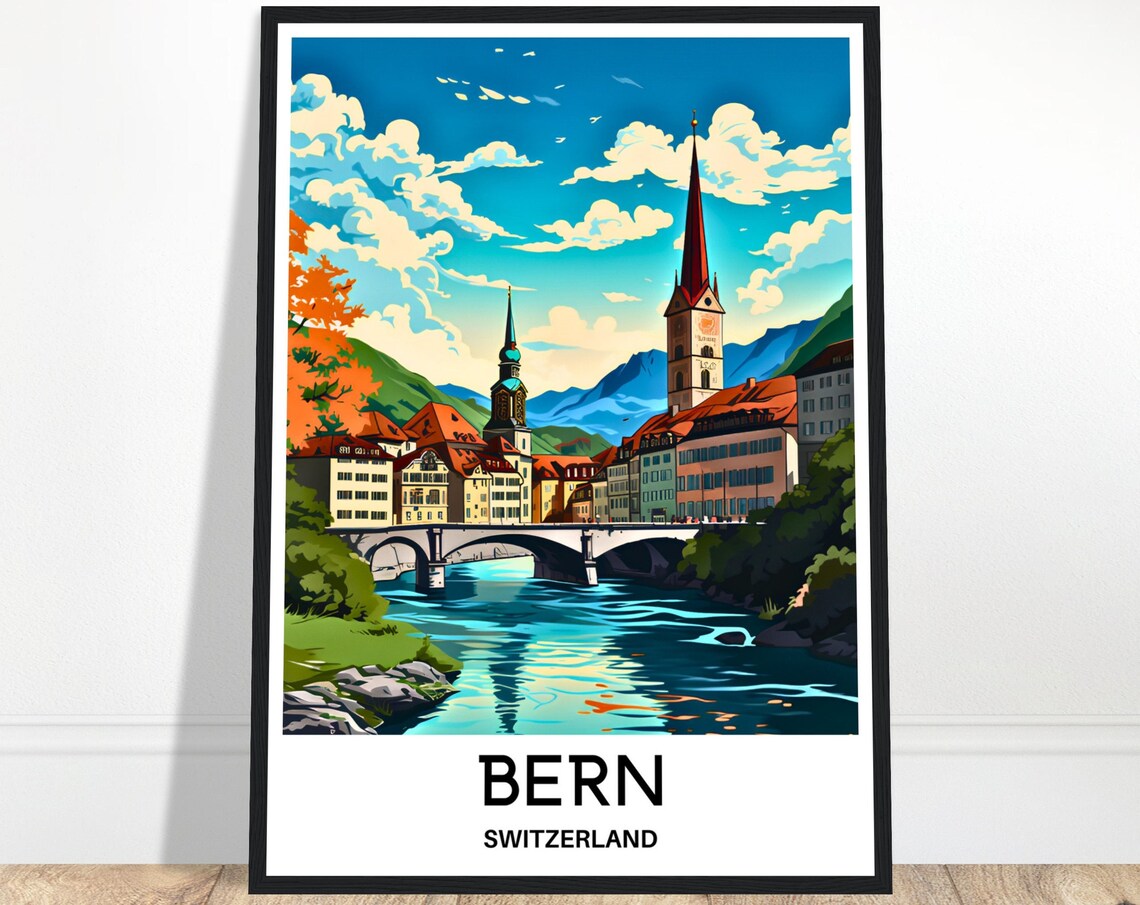Bern Switzerland Old Town River Bridge Alpine View Travel Poster