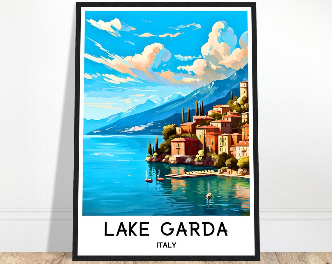 Lake Garda Italy Lakeside Village Tower Boats Harbor Travel Poster