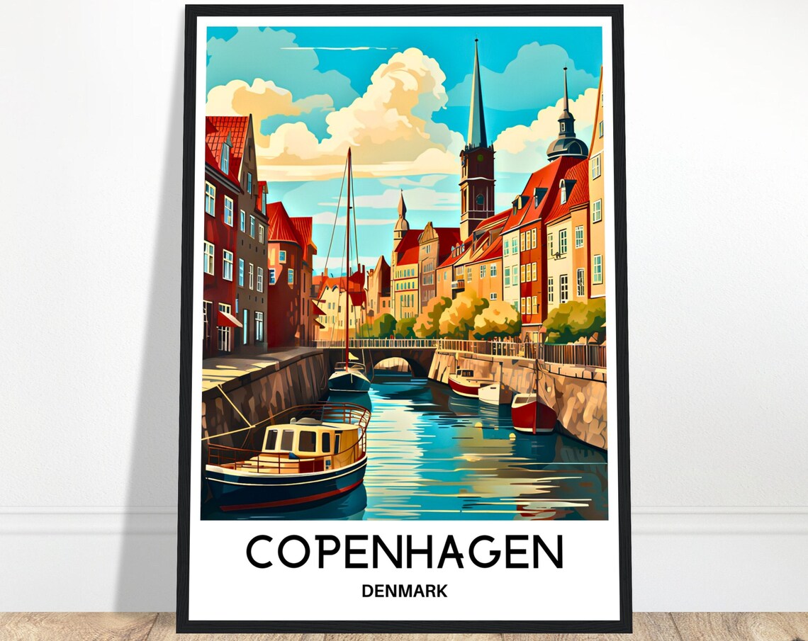 Copenhagen Denmark Canal Boats Colorful Houses Spire Travel Poster