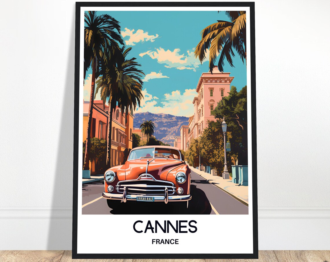 Cannes France Retro Red Vintage Car on Palm Lined Street Poster
