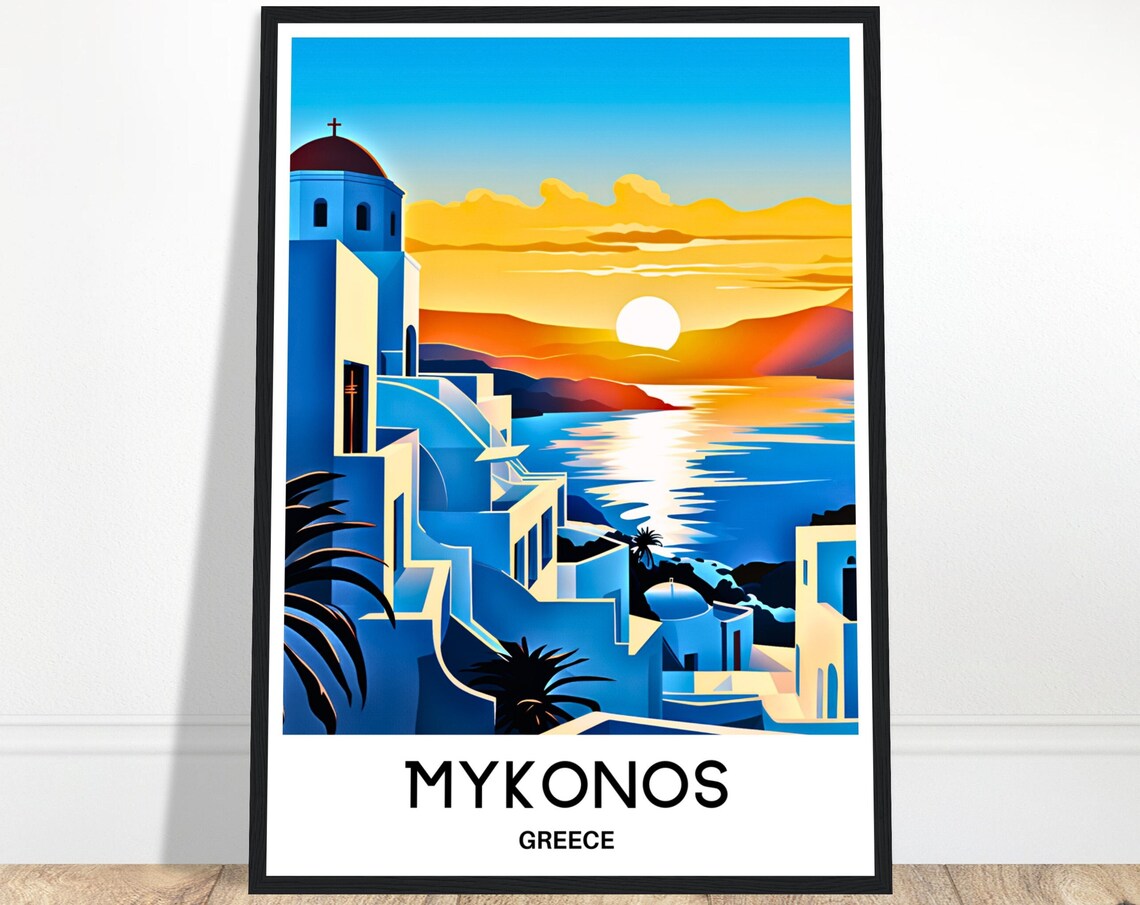 Mykonos Greece Sunset Over Aegean Sea White Blue Town Poster