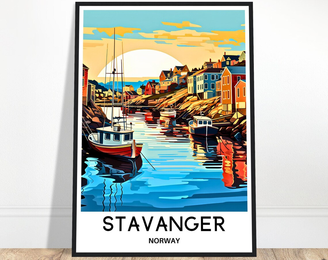 Stavanger Norway Golden Sunrise Harbor Fishing Boats Travel Poster