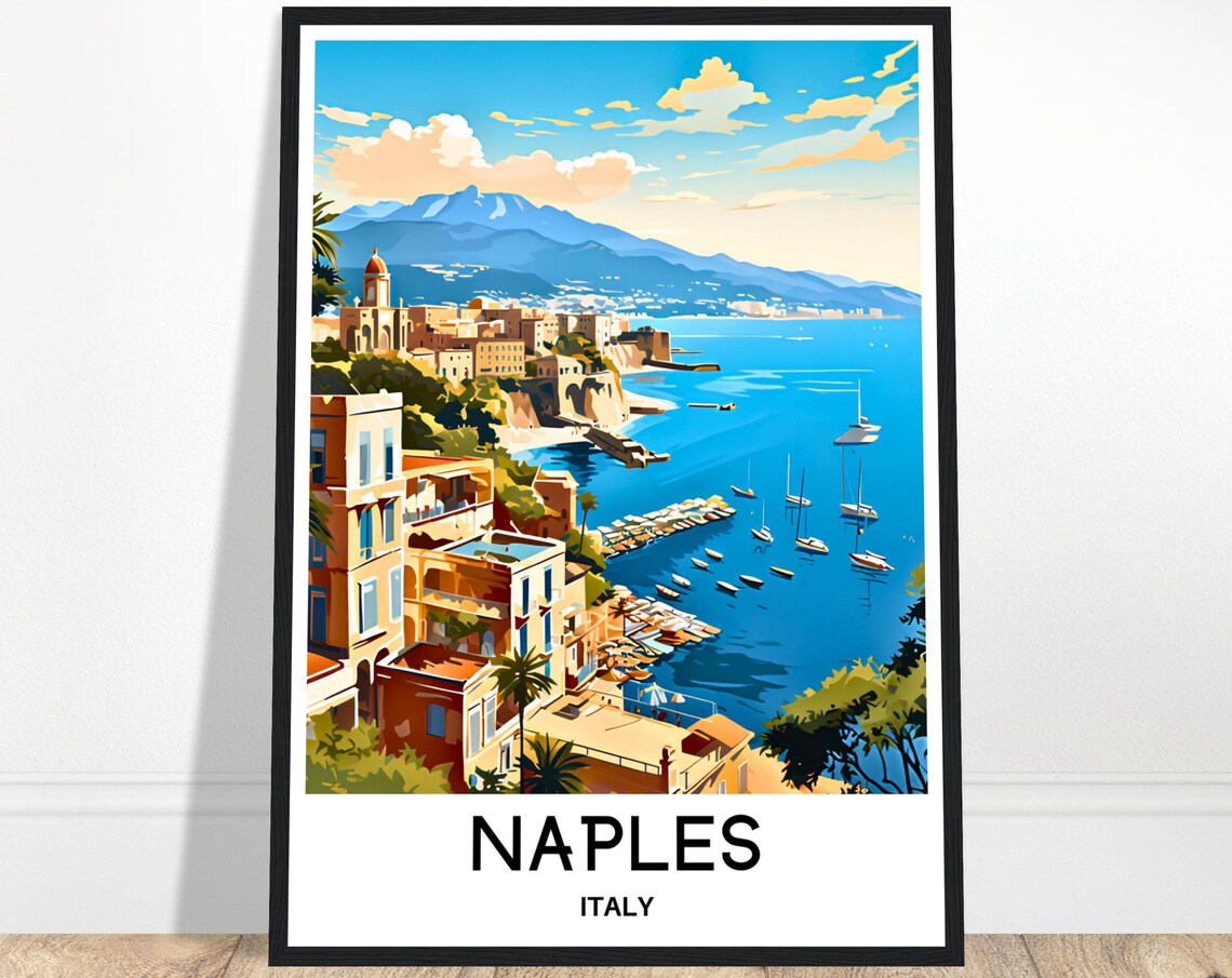 Naples Italy Harbor Boats Vesuvius Coastline Sunset Travel Poster