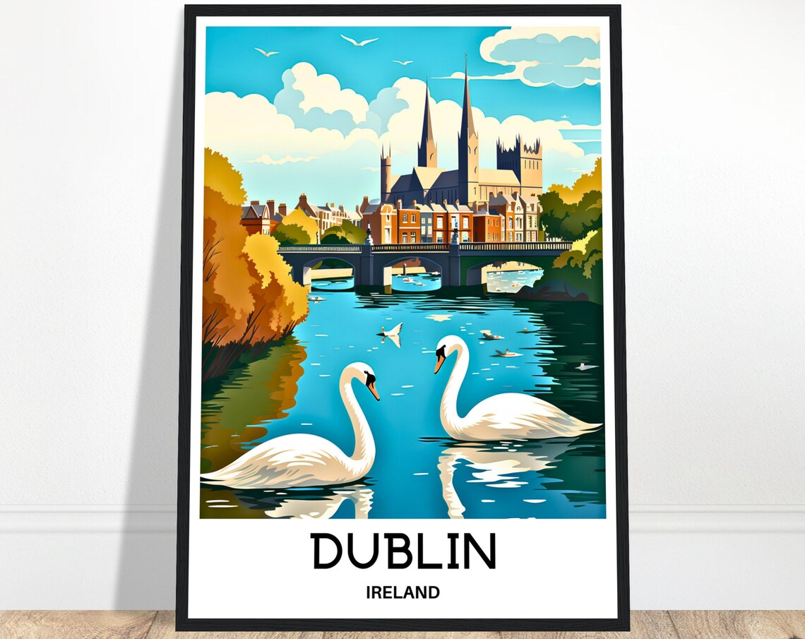 Dublin Ireland River Swans Cathedral View Vintage Travel Poster