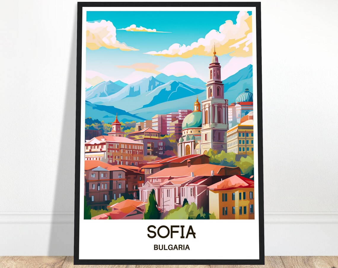 Sofia Bulgaria Travel Poster of the City Center with Mountain Backdrop