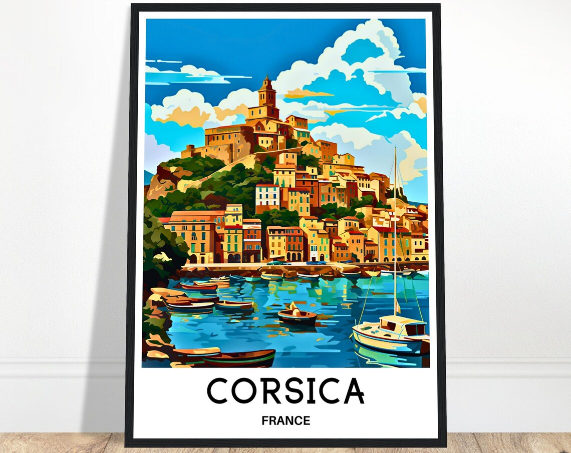 Corsica France Hillside Harbor Town With Boats Travel Poster
