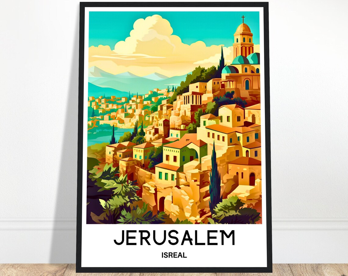 Jerusalem Hillside Old Town Church Towers Golden Travel Poster