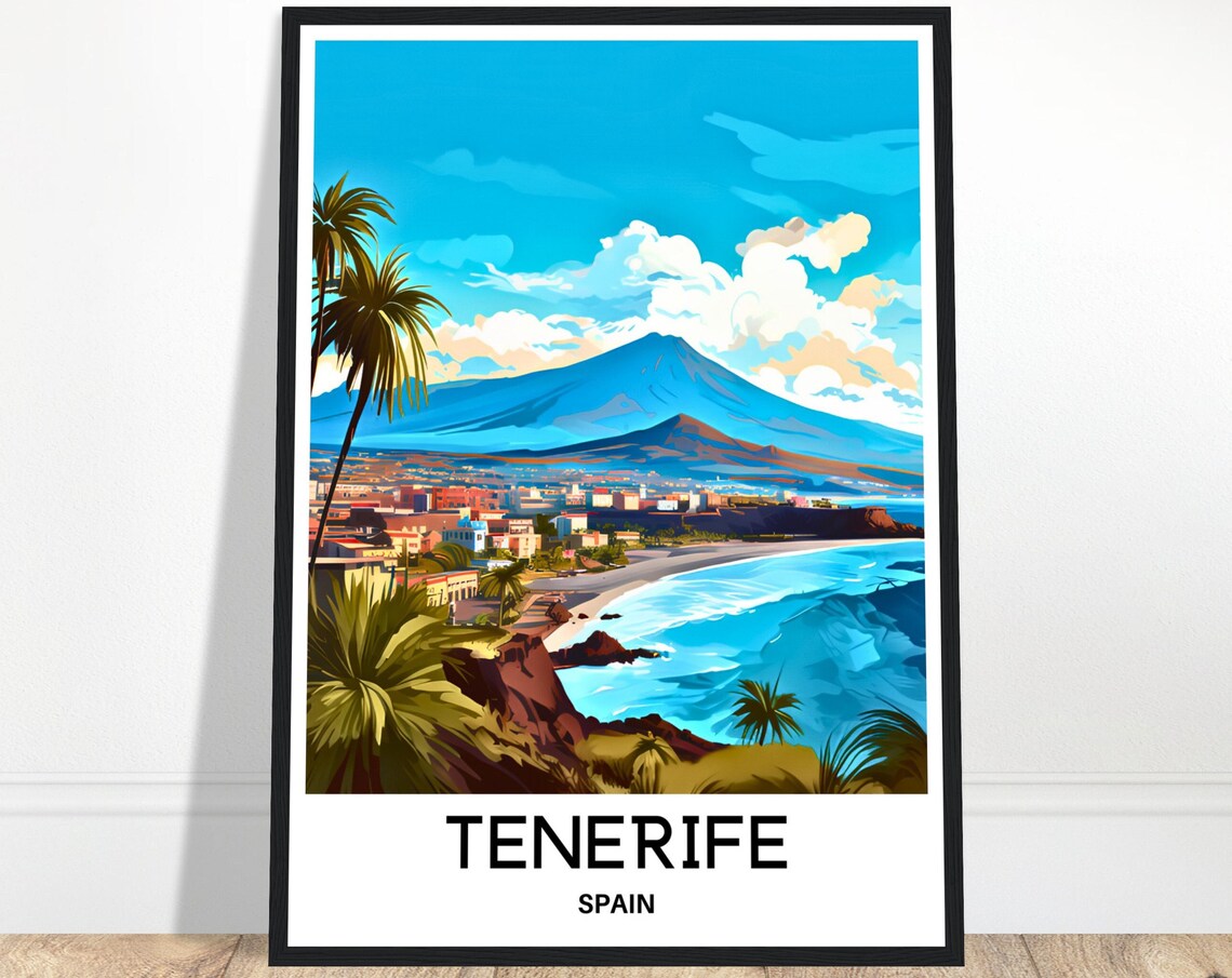 Tenerife Spain Mount Teide And Coastal Town Travel Scenic Poster