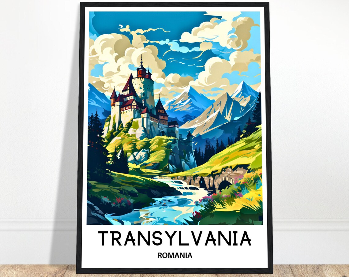 Transylvania Castle Mountain River Valley Romania Travel Poster