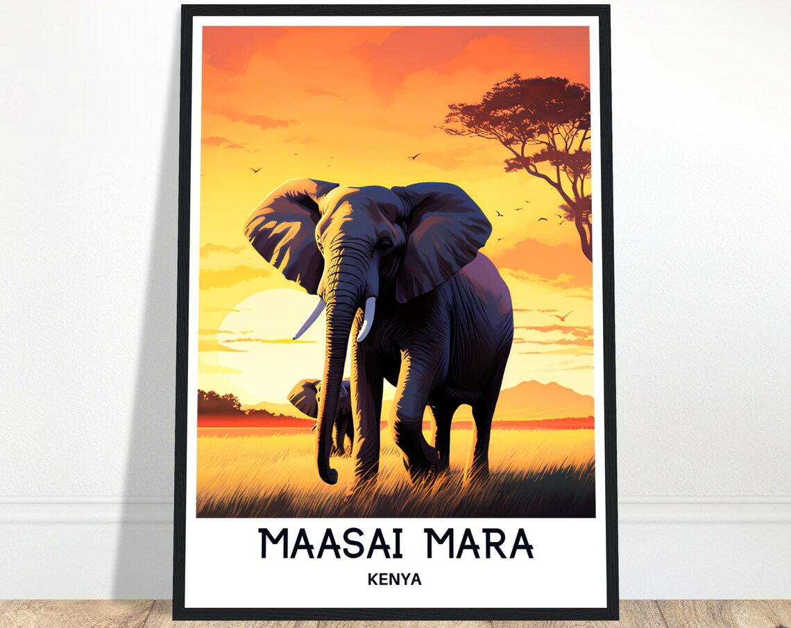 Maasai Mara Kenya Elephant Golden Sunset Safari Travel Poster