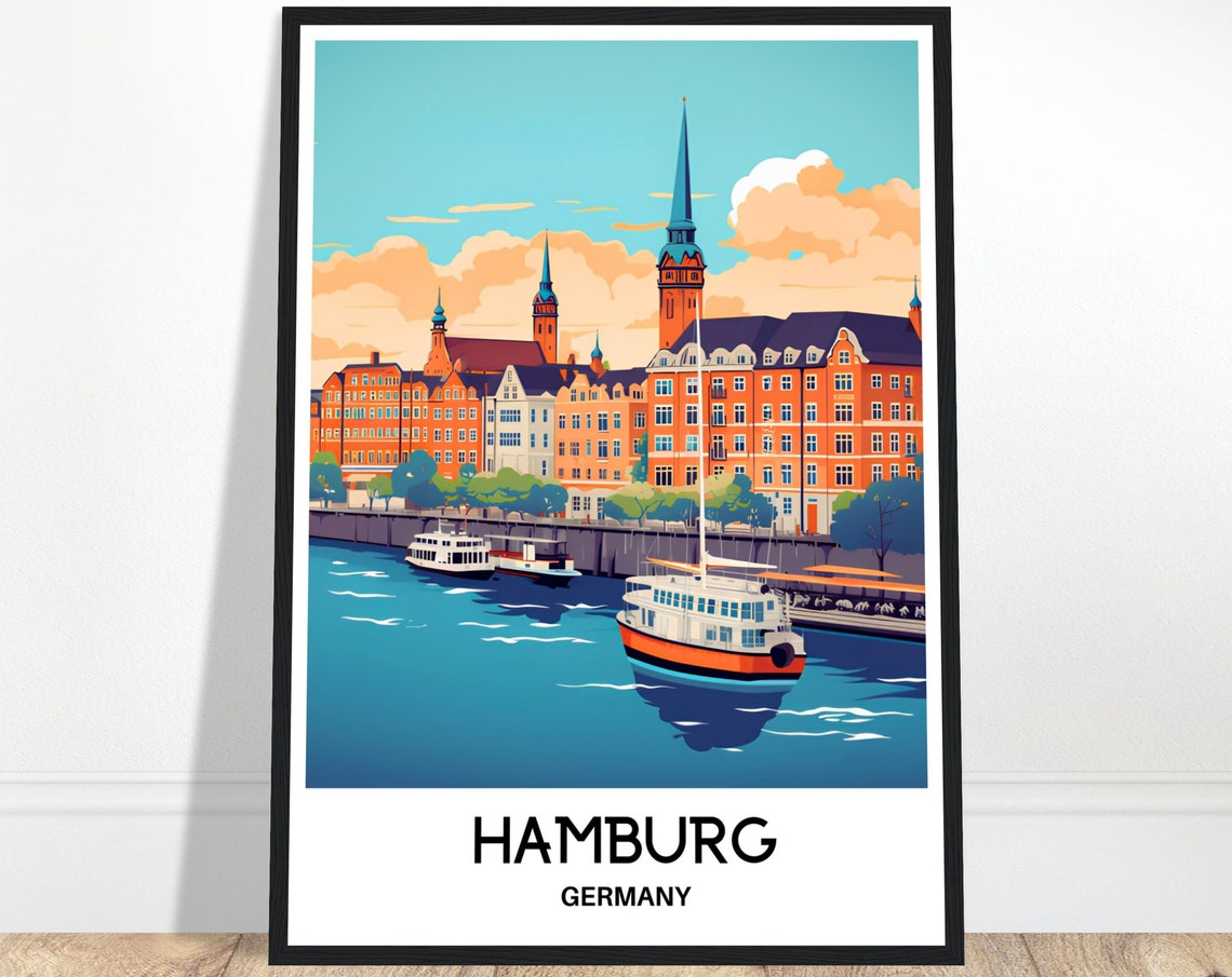 Beautiful Hamburg Harbor Boats Germany Vintage Travel Poster