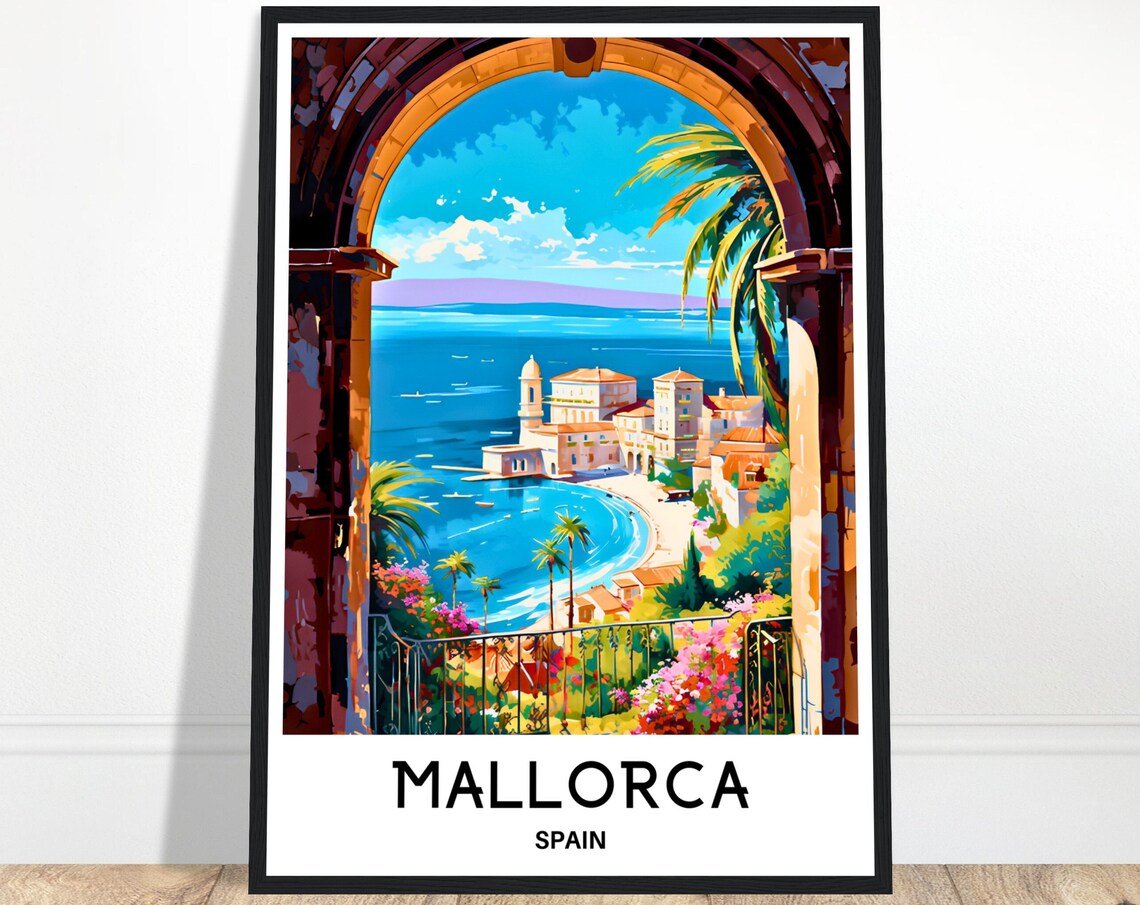 Mallorca Spain Stone Arch Coastal Villa Bay View Vintage Travel Poster