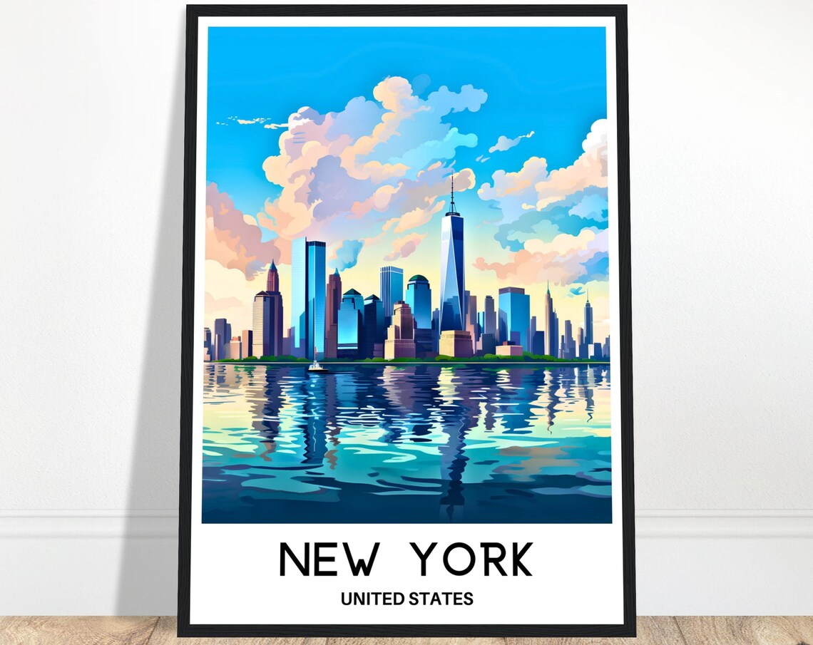 New York City Manhattan Skyline Sunset Reflection Travel Poster