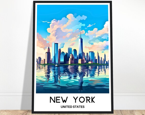 New York City Manhattan Skyline Sunset Reflection Travel Poster