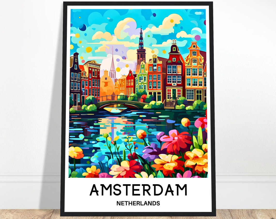 Amsterdam Netherlands Colorful Canal Houses Flowers Pop Art Poster