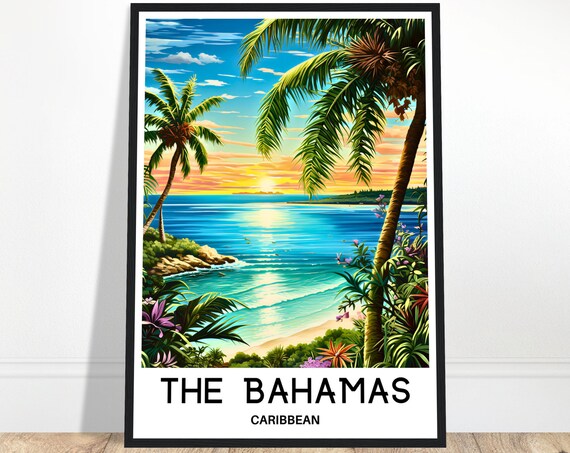 The Bahamas Caribbean Sunset Beach Palm Trees Golden Travel Poster