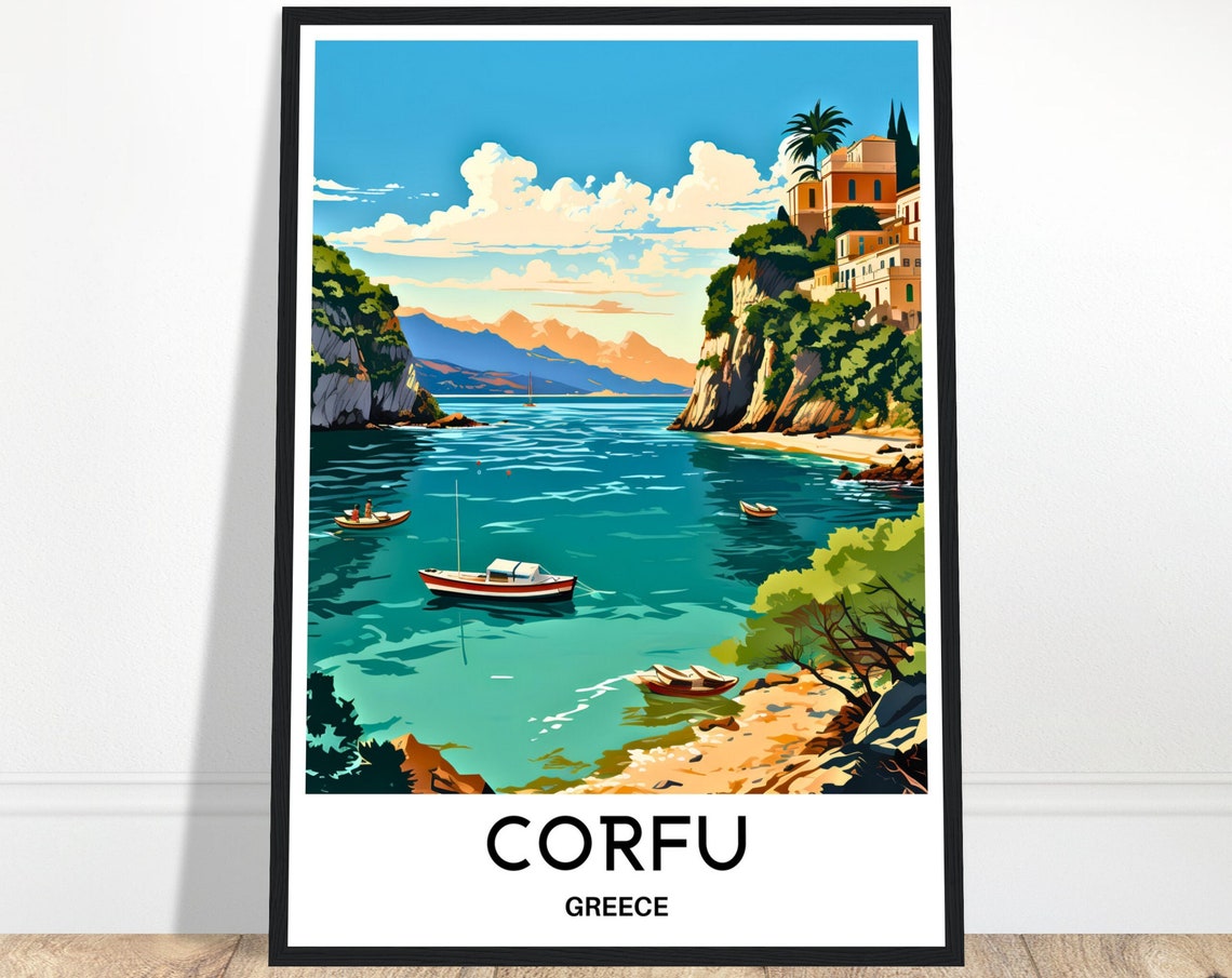Corfu Greece Emerald Bay Island Coastline Boats Travel Poster