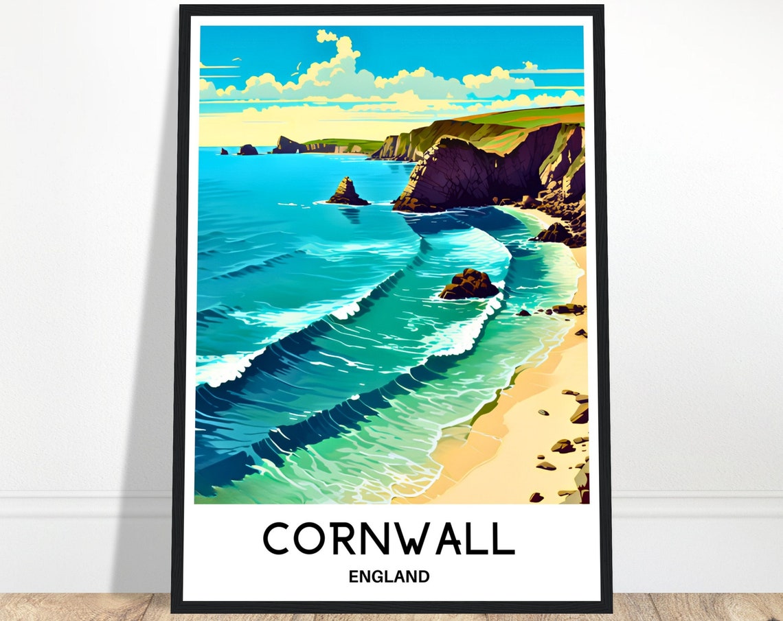 Cornwall England Turquoise Waves Sandy Beach Surf Coast Travel Poster
