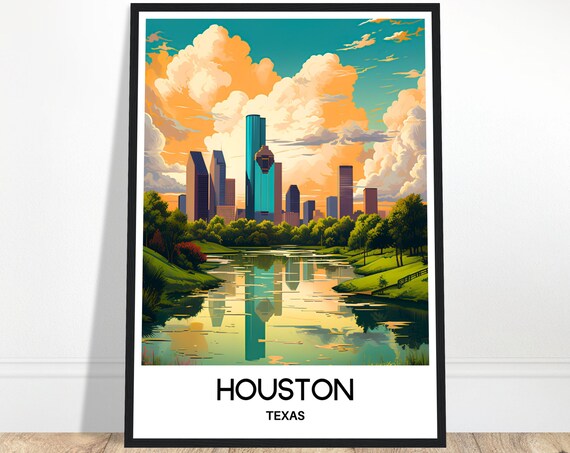 Houston Texas Gleaming Downtown Skyline Vintage City Travel Poster