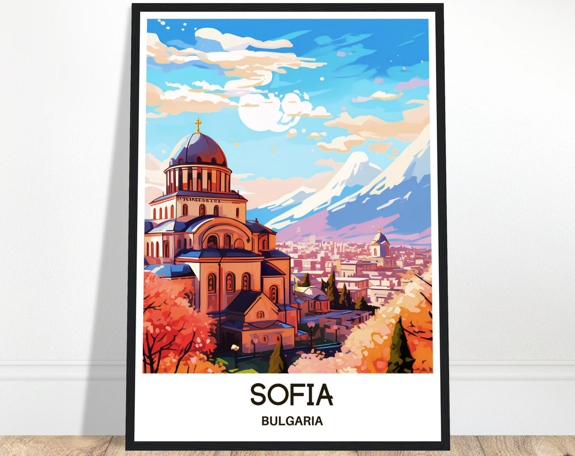 Sofia Bulgaria Cathedral With Snow Capped Mountain Travel Poster