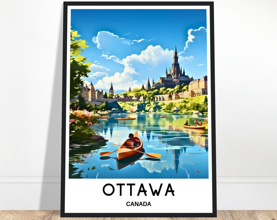 Ottawa Canada Canoe on River Parliament Hill View Travel Art Poster