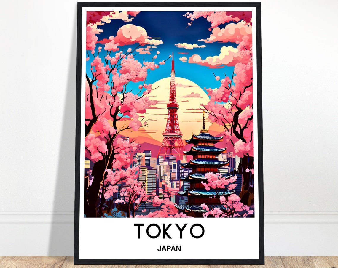 Tokyo Japan Cherry Blossom Tokyo Tower Pagoda Spring Travel Poster