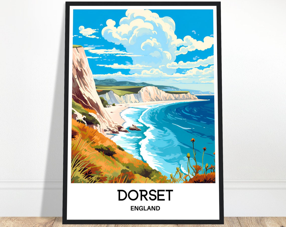 Dorset England White Cliffs Coastline Blue Sea Travel Poster