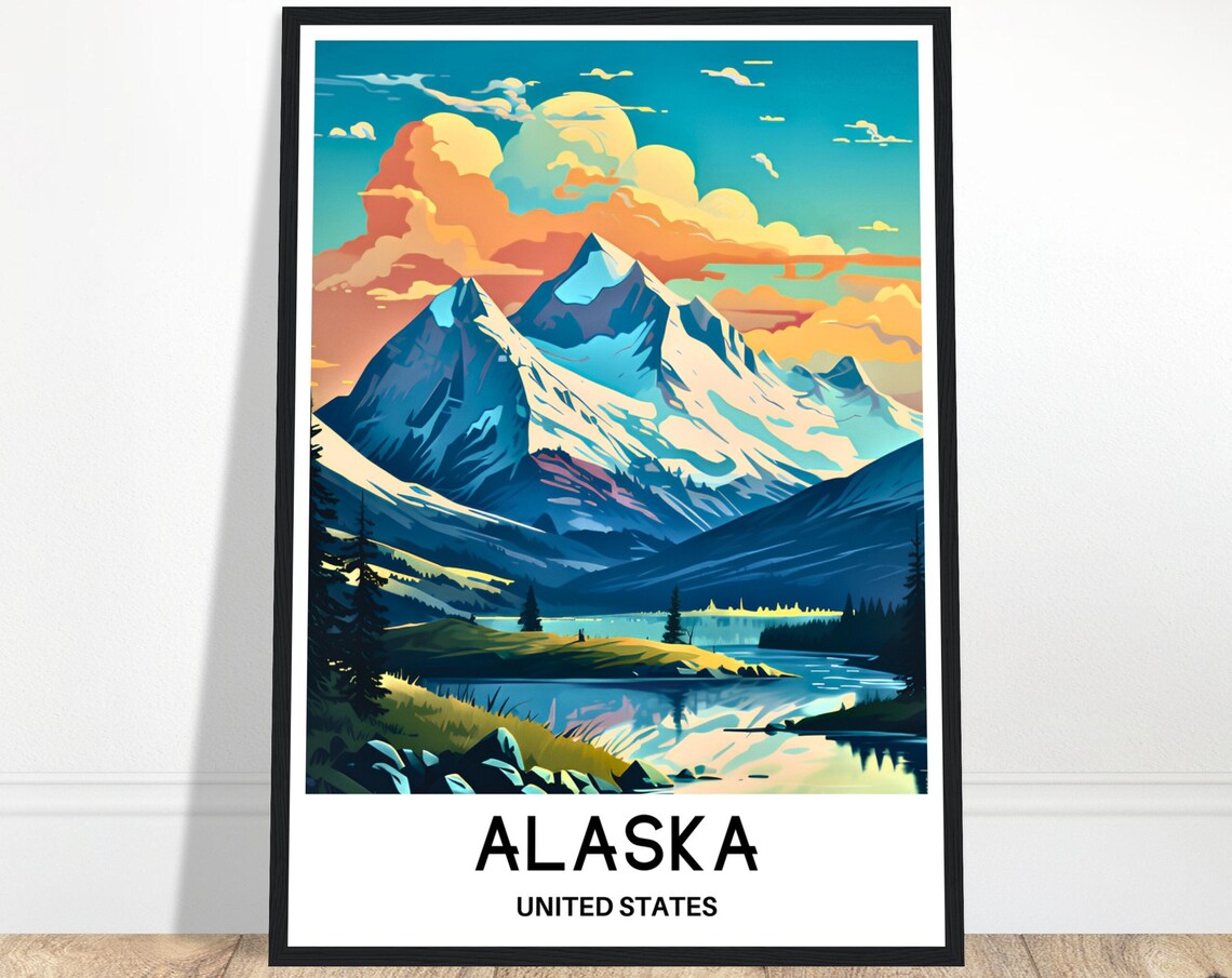 Alaska Snowy Mountain Peaks Bold Scenic Landscape Travel Poster