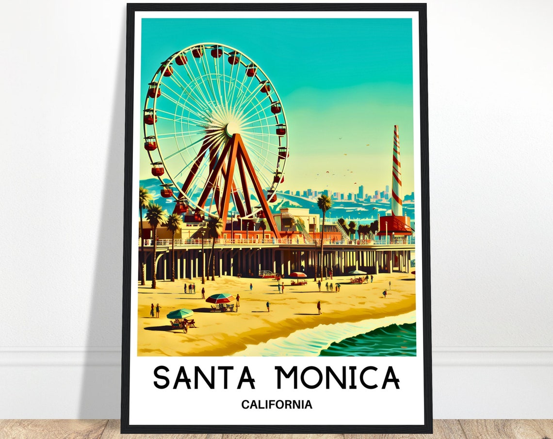 Santa Monica California Vintage Travel Poster Ferris Wheel Beach Pier