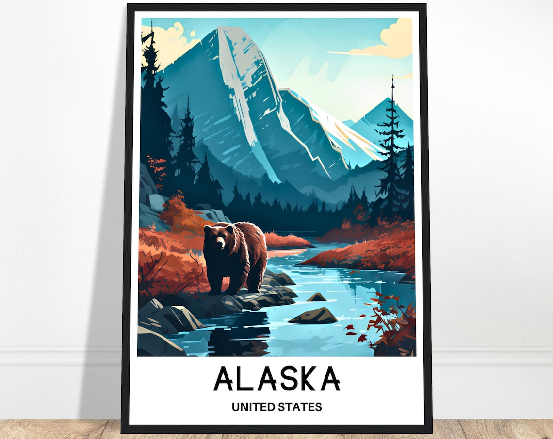 Alaska Bear and Mountain Lake Vintage Style Wilderness Travel Poster