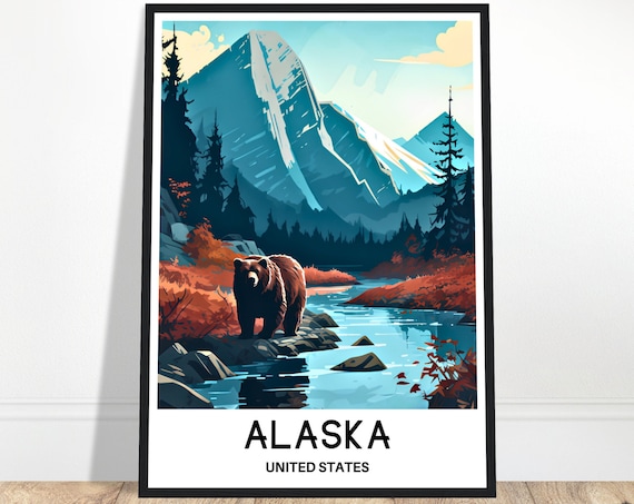 Alaska Bear and Mountain Lake Vintage Style Wilderness Travel Poster