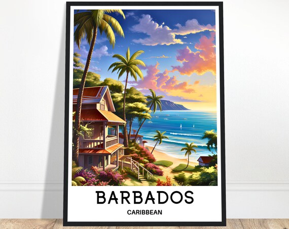 Barbados Caribbean Sunset Beach Villa Tropical Travel Poster