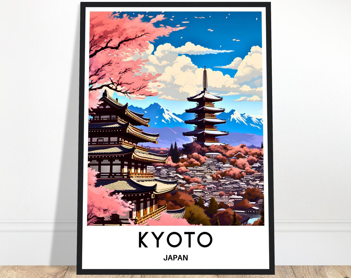 Kyoto Japan Ancient Temple Pagodas And Cherry Blossoms Travel Poster