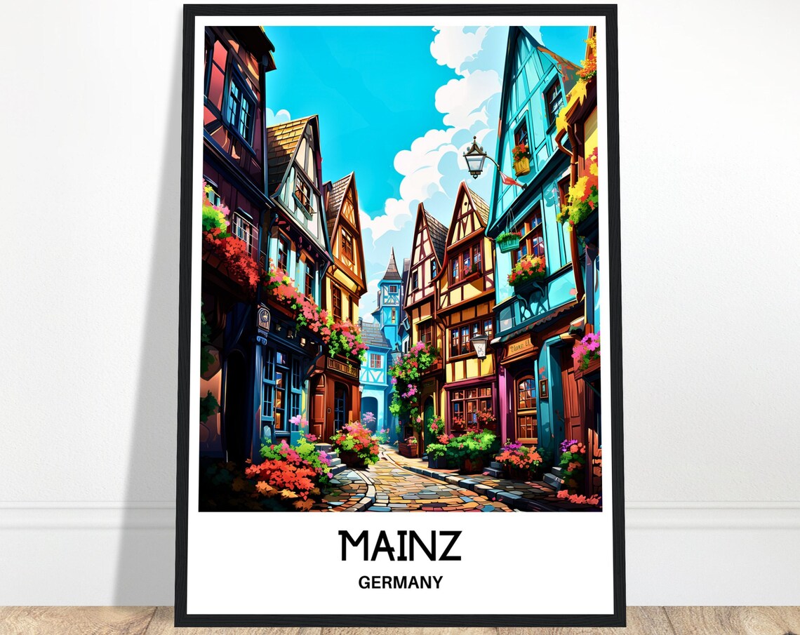 Mainz Germany Old Town Half Timbered Street Colorful Travel Poster