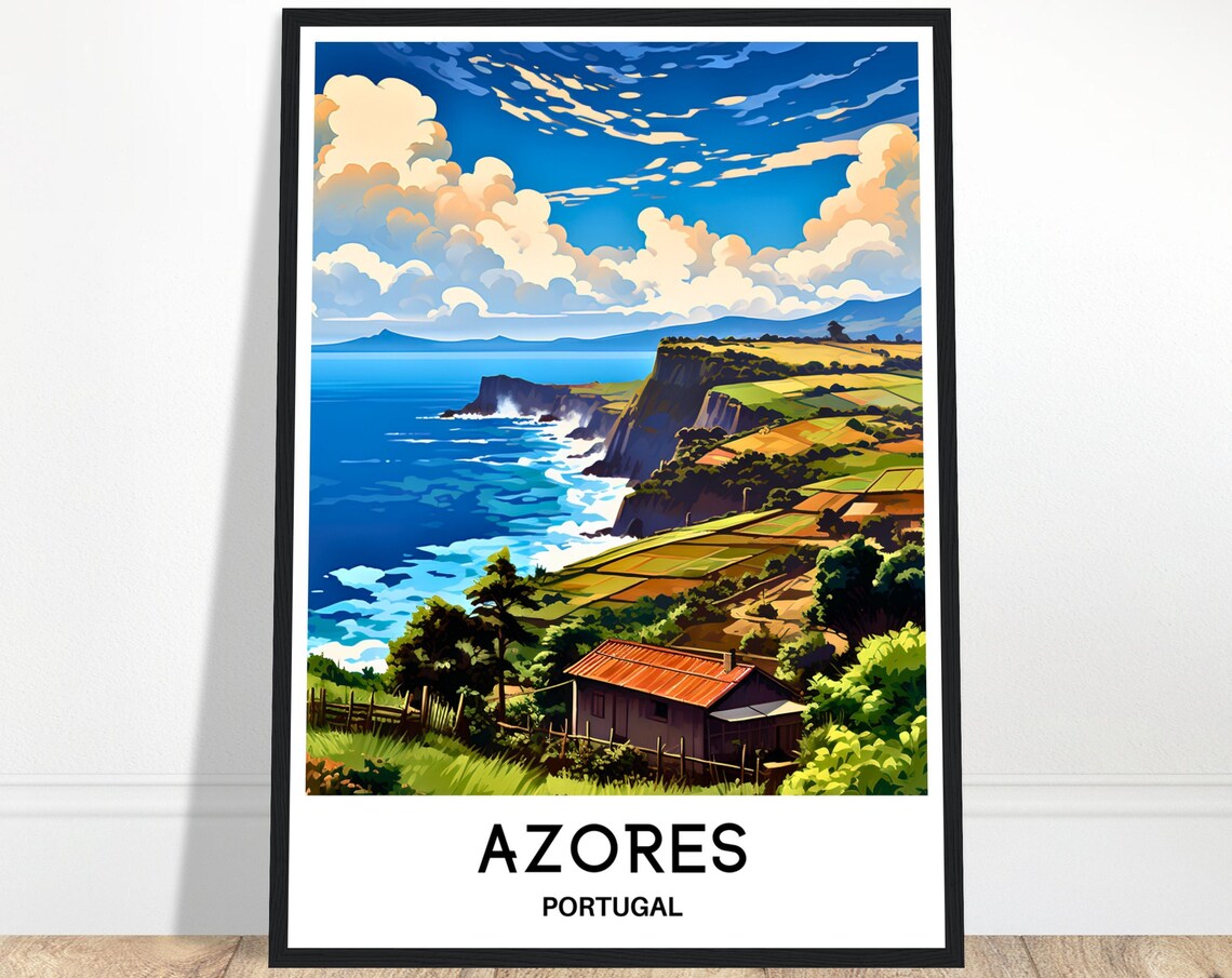 Azores Portugal Cliffs Green Fields Cottage Coast Travel Poster
