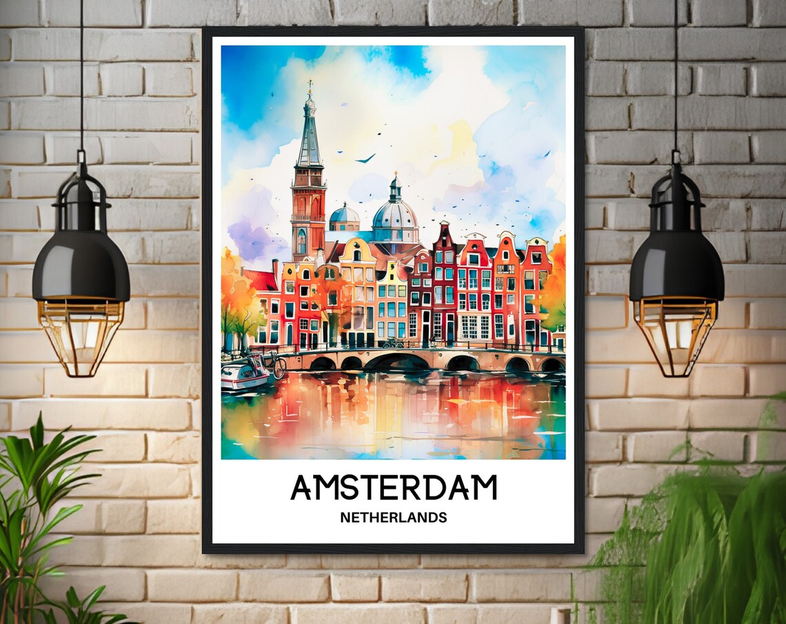 Amsterdam Netherlands Colorful Canal Houses Watercolor Travel Poster - Image 3