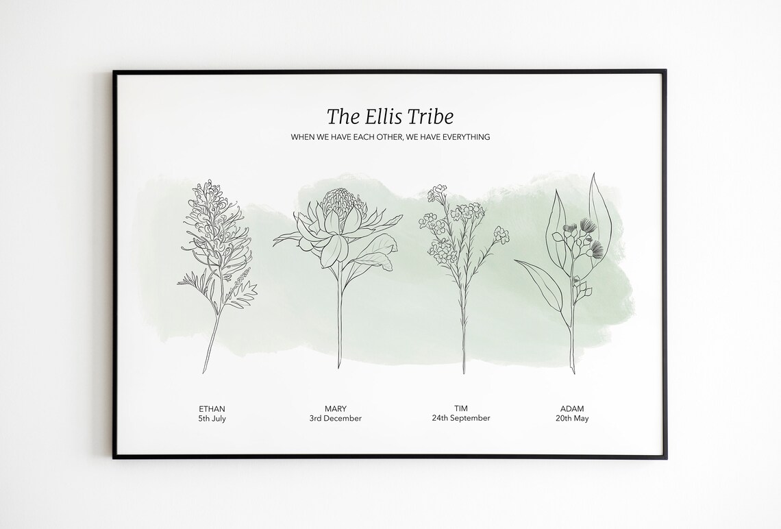 Family Birth Flower Line Art Print with Four Native Wildflower Stems - Image 3